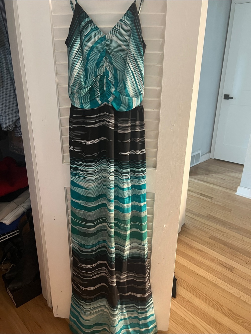 Parker Teal, Aqua and Black Striped V-Neck Maxi Dress